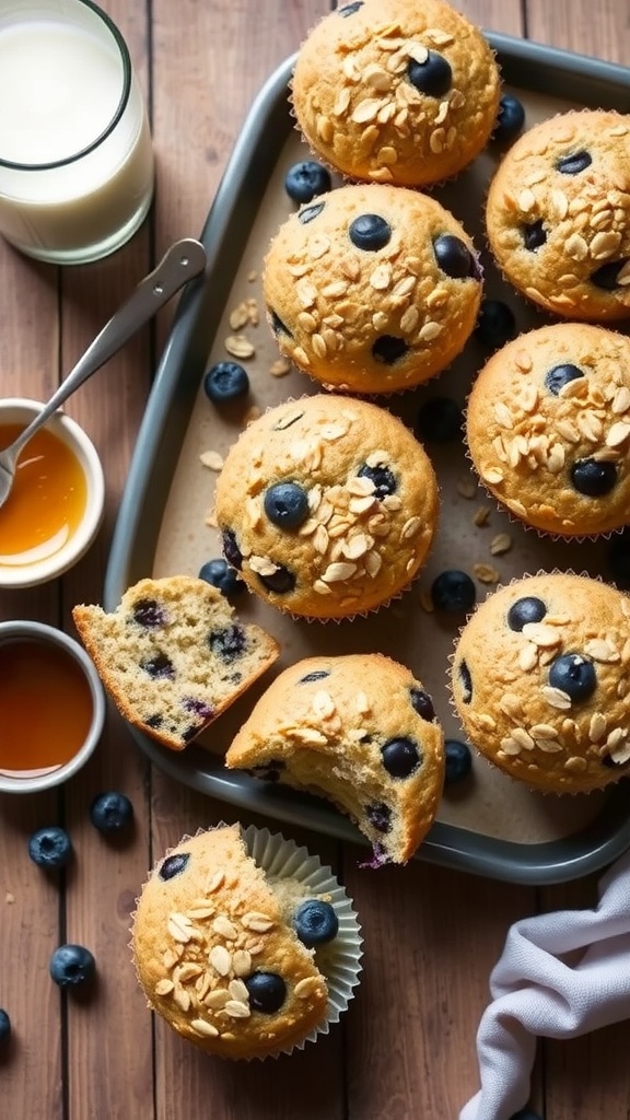 Healthy Oat and Greek Yogurt Muffins Freshly baked oat and Greek yogurt muffins with blueberries on a wooden table.